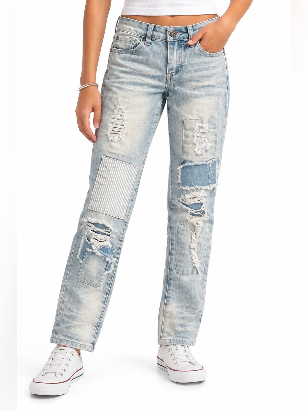 Revolution by Revolt Girls Patchwork Distressed Light Wash Jeans Size 10
